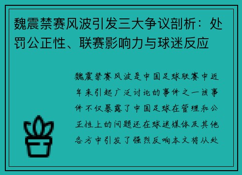 魏震禁赛风波引发三大争议剖析：处罚公正性、联赛影响力与球迷反应