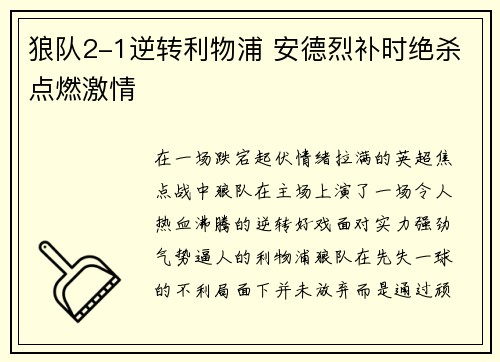 狼队2-1逆转利物浦 安德烈补时绝杀点燃激情 狼队2-1逆转利物浦 安德烈补时绝杀点燃激情